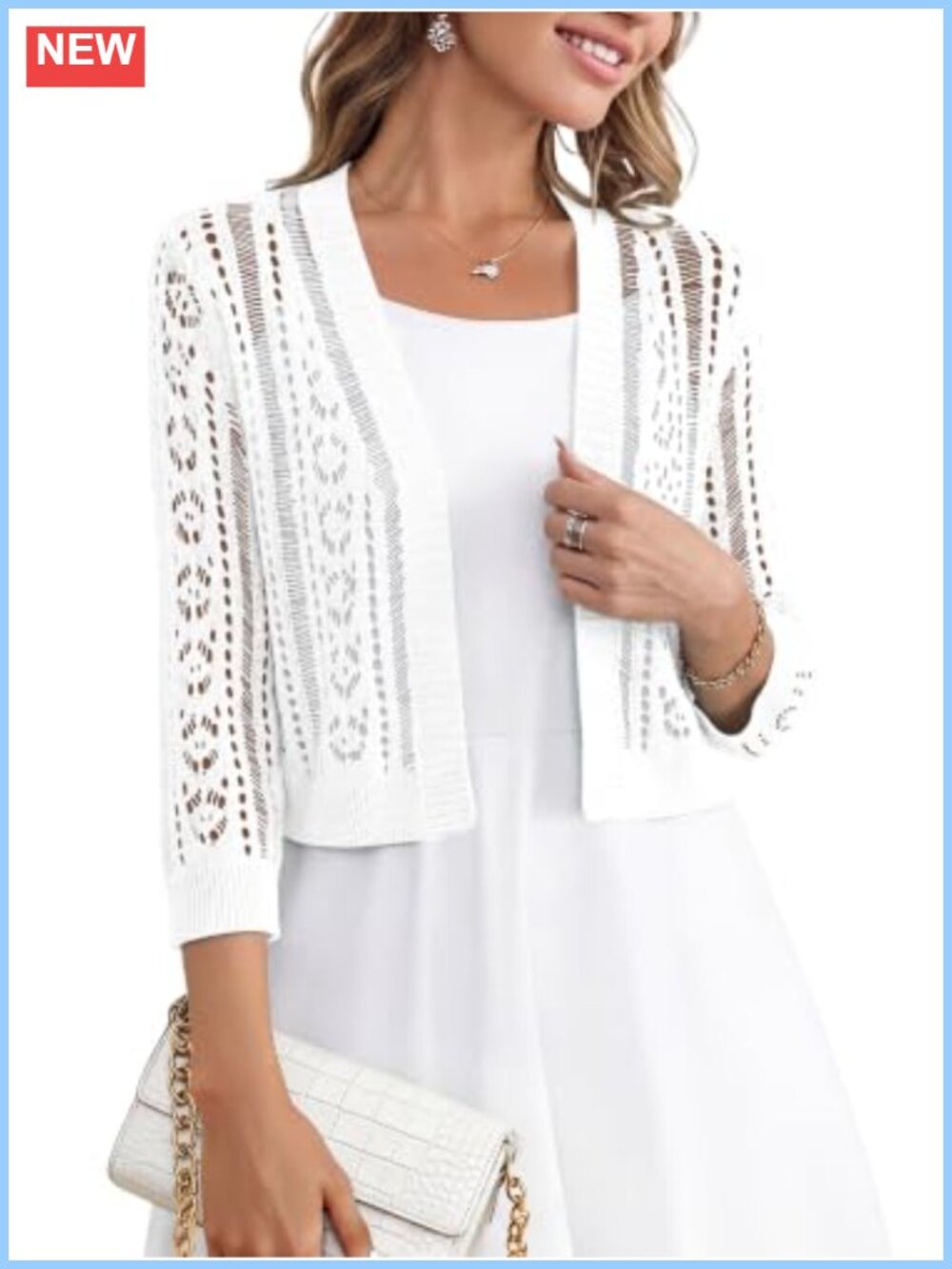 Crochet Knit Shrug Bolero Open Front 3/4 Sleeve Cropped Cardigan